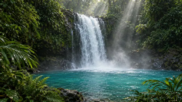 A jungle waterfall pouring into a turquoise pool, sunbeams cutting through the mist